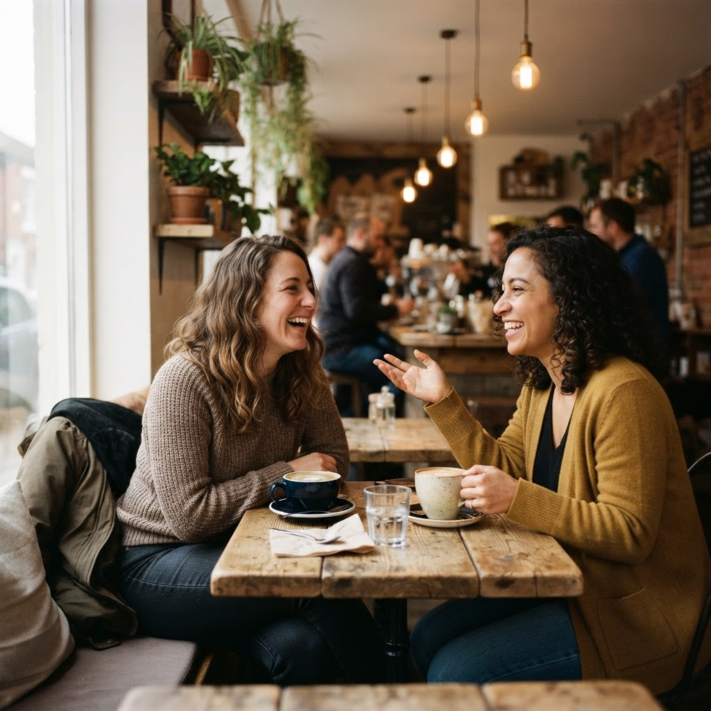 Regular customers chatting at a table inside a warmly lit coffee shop