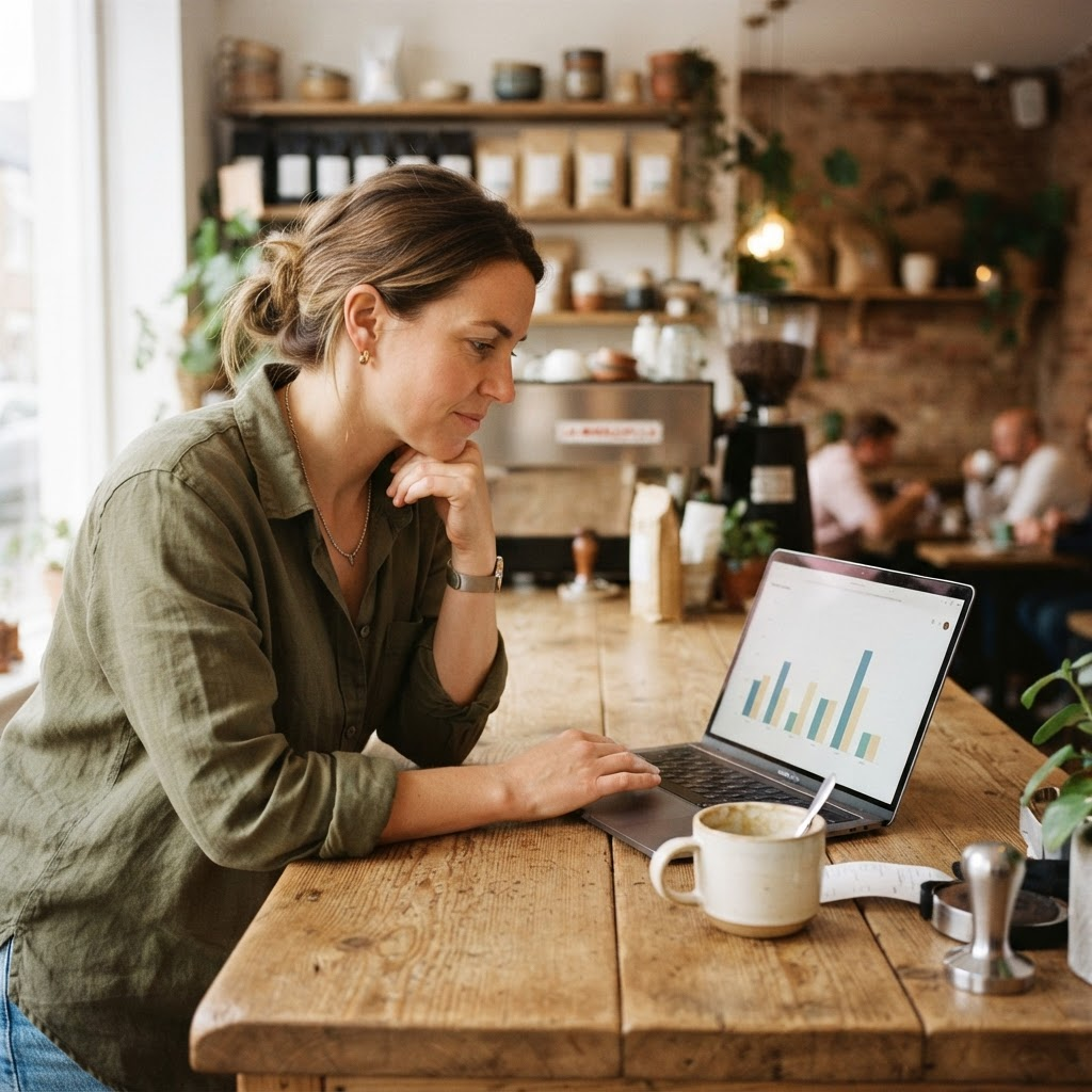 A coffee shop owner reviewing a sales dashboard on a laptop at the counter