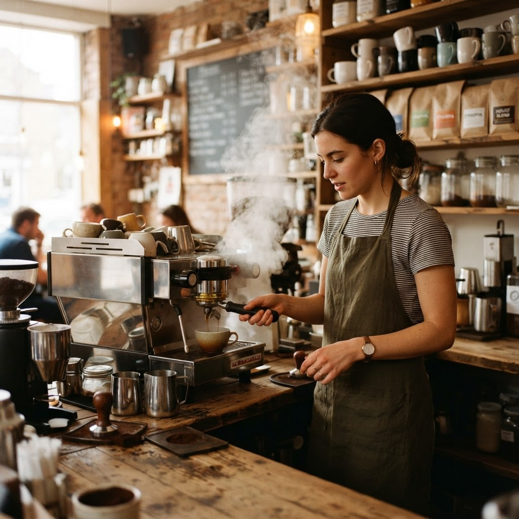 A barista pulling espresso behind the counter of an independent coffee shop